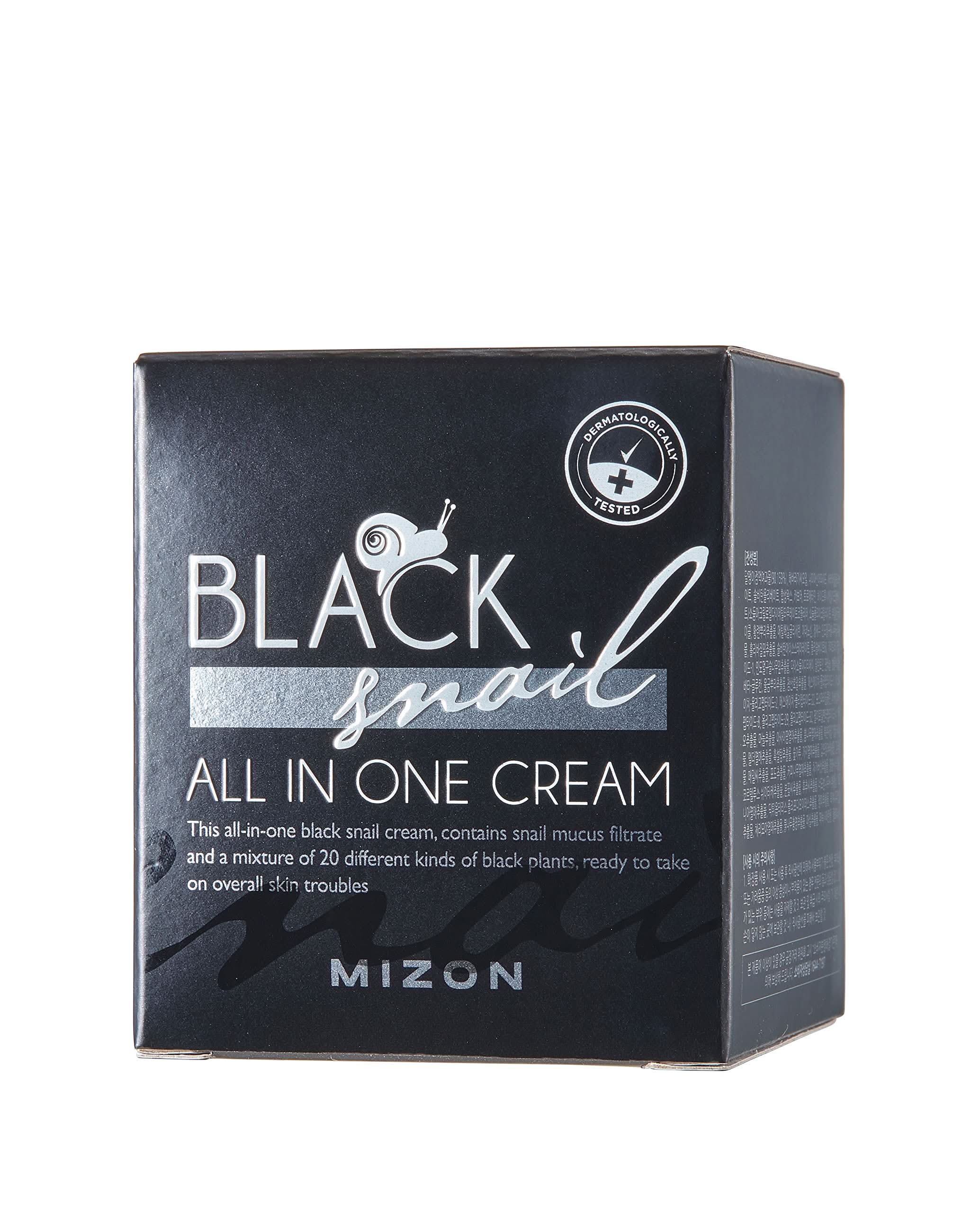 MIZON Black Snail All In One Cream retail packaging with black box featuring silver lettering and snail graphic on a white background. Dermatologically tested Korean skincare moisturizing cream containing black snail mucin for hydration, skin repair, and anti-aging care.