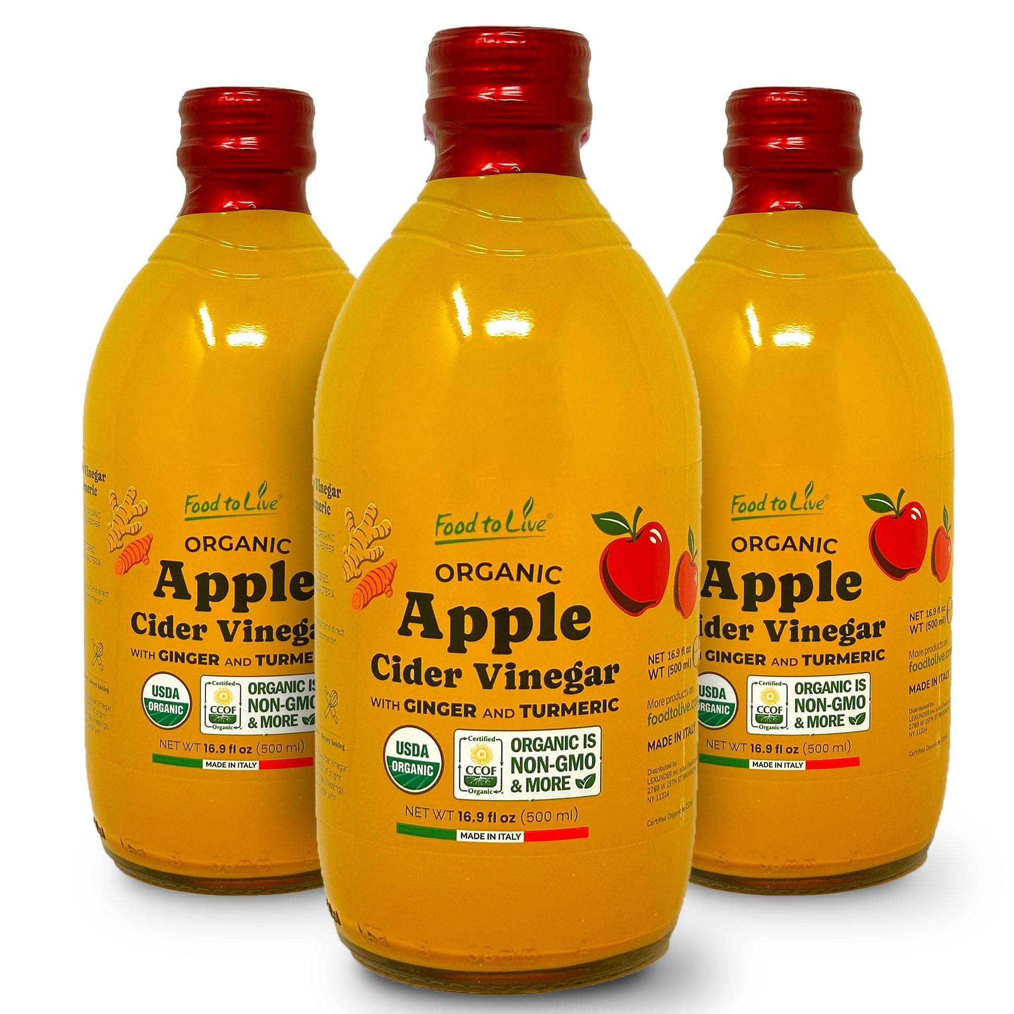 Food To Live Organic Italian Apple Cider Vinegar with Ginger & Turmeric – 500 ml