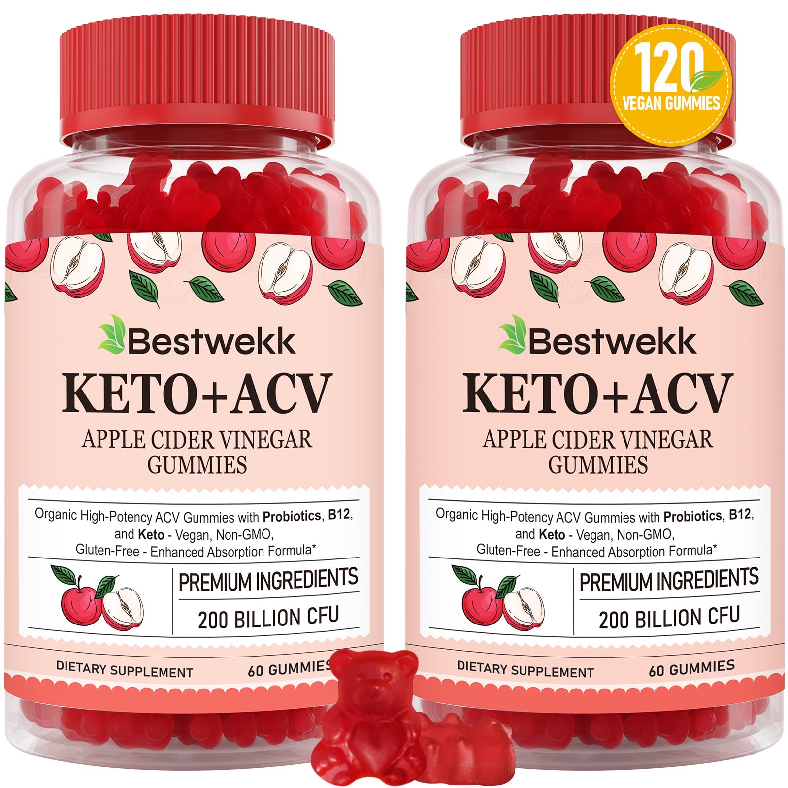 Bestwekk Maximum-Strength Apple Cider Vinegar Gummies with Probiotics & B12 – 2,000 mg, 120 Count