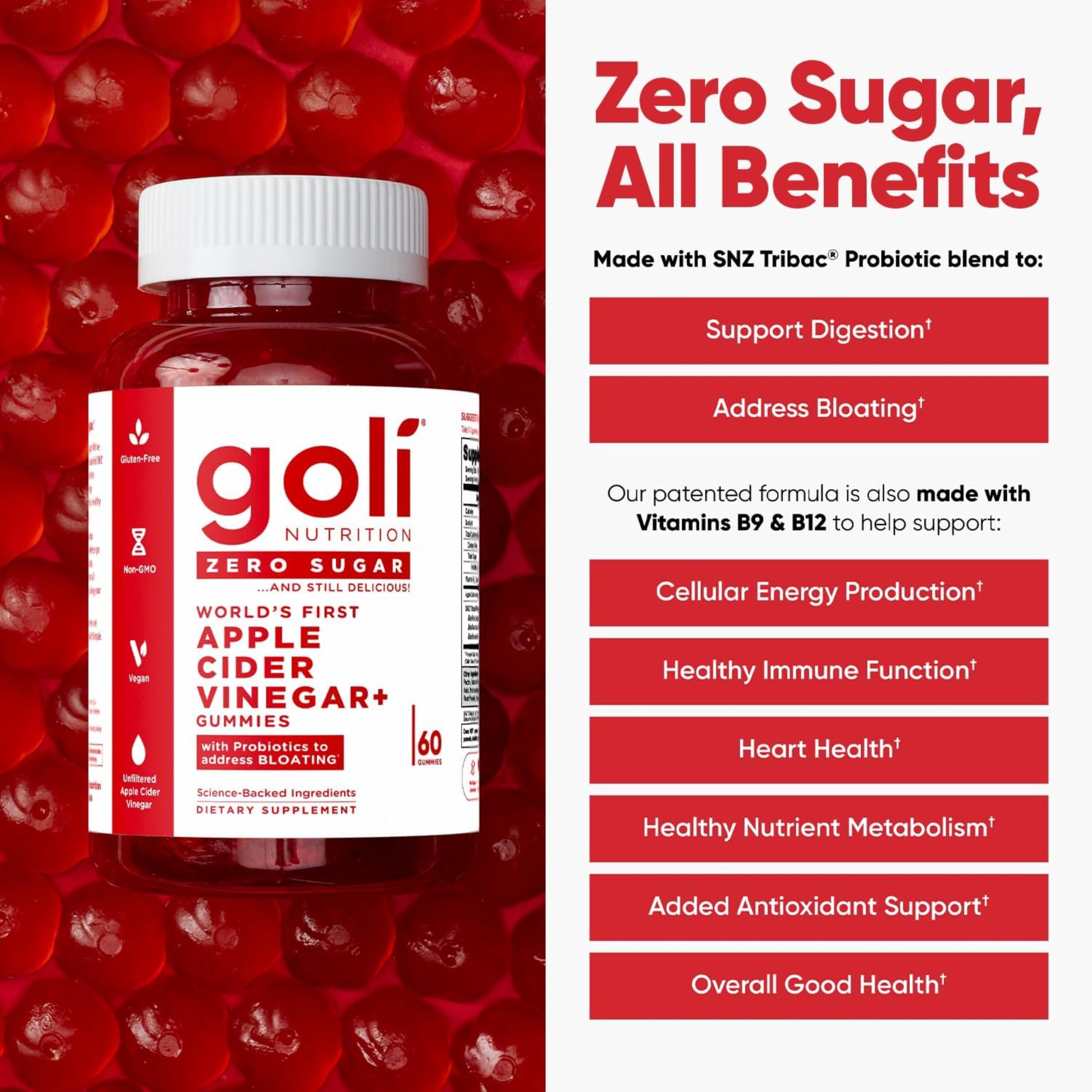Goli Zero Sugar Apple Cider Vinegar Gummies with Probiotics & Vitamin B12