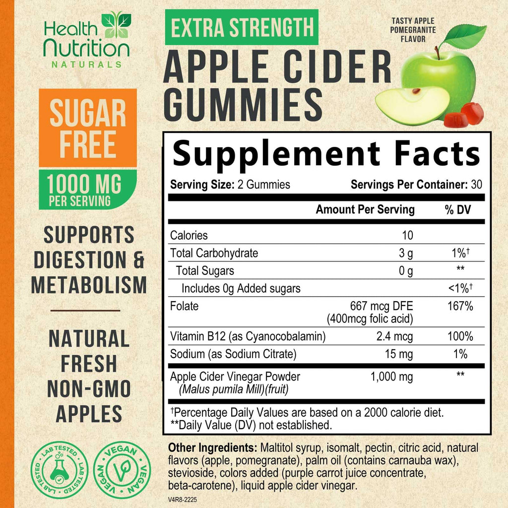 Health Nutrition Zero-Sugar Apple Cider Vinegar Gummies with the Mother & Vitamin B12