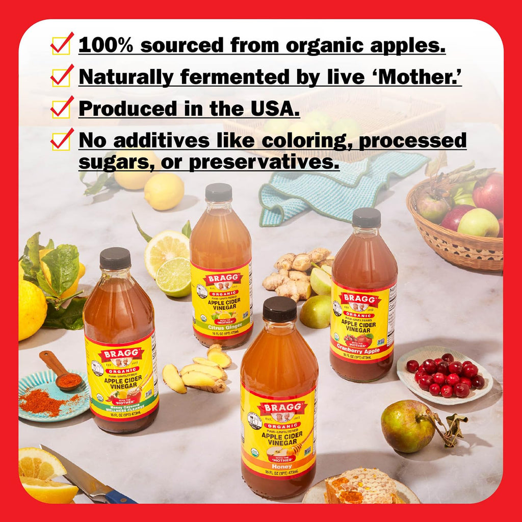 Bragg Organic Flavored Apple Cider Vinegar with the Mother – Raw & Unfiltered, 16 fl oz