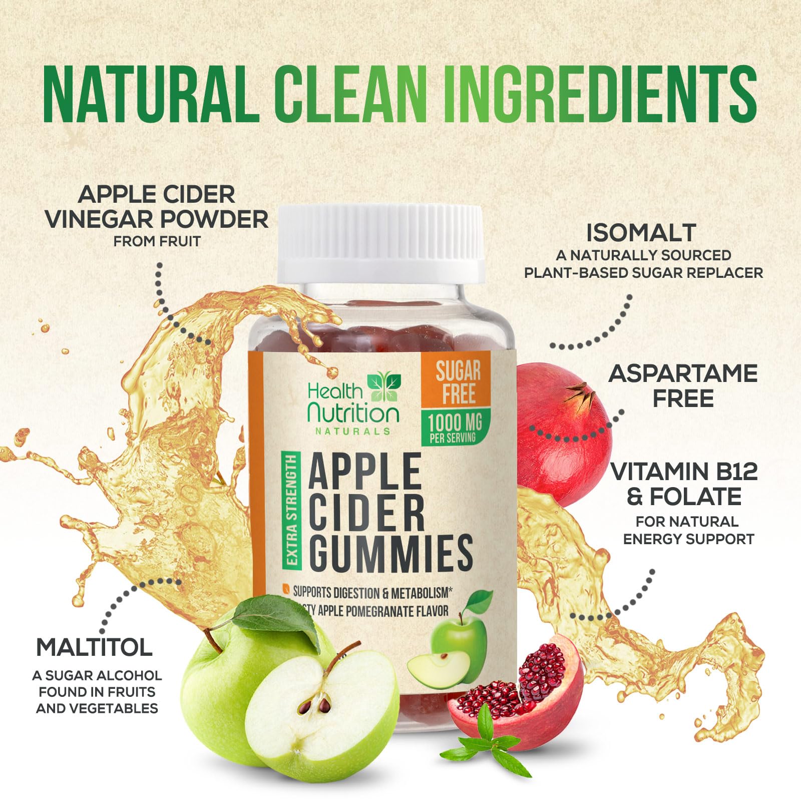 Health Nutrition Zero-Sugar Apple Cider Vinegar Gummies with the Mother & Vitamin B12