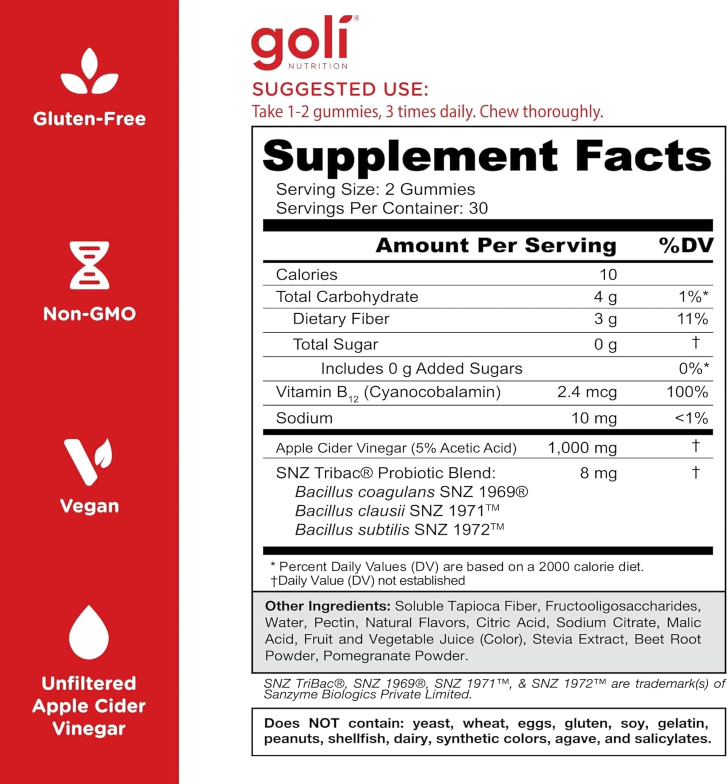 Goli Zero Sugar Apple Cider Vinegar Gummies with Probiotics & Vitamin B12