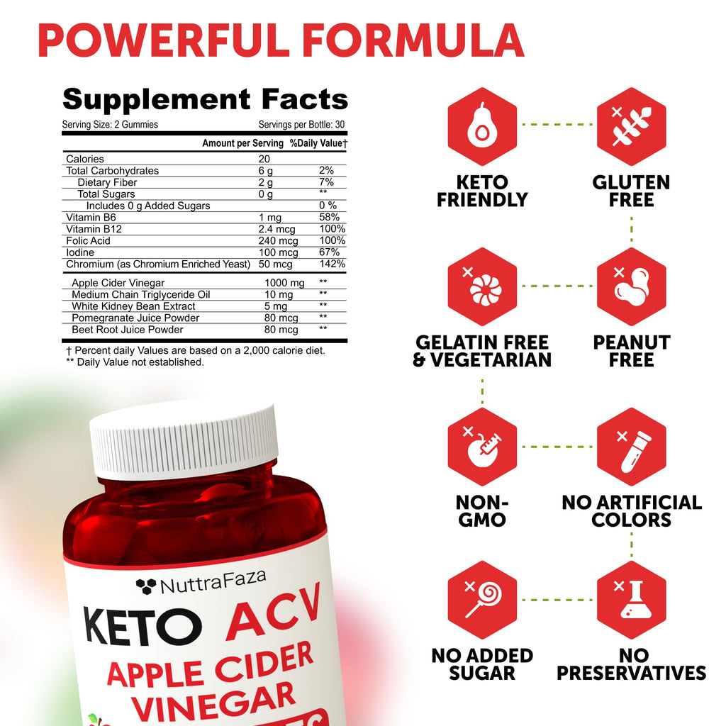 NuttraFlair Keto Apple Cider Vinegar Gummies – Sugar-Free, 1,000 mg, 60 Count