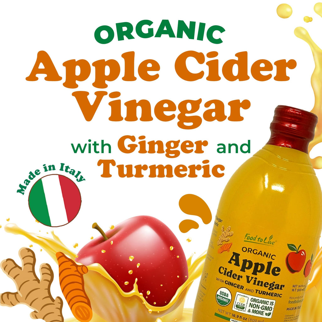 Food To Live Organic Italian Apple Cider Vinegar with Ginger & Turmeric – 500 ml