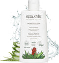Ecolatier Organic Aloe Vera Facial Tonic Intense Hydration for Sensitive Skin, vegan natural face toner with hyaluronic acid and organic aloe vera juice, 98% natural origin skincare, hydrating facial toner bottle with aloe vera leaves and water splash.