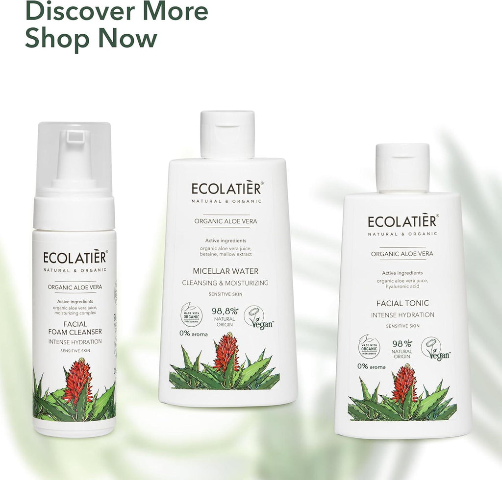 ECOLATIER Organic Aloe Vera facial skincare set with Intense Hydration Facial Tonic, Micellar Water and Facial Foam Cleanser for sensitive, dry and dehydrated skin; vegan natural moisturizing face care products