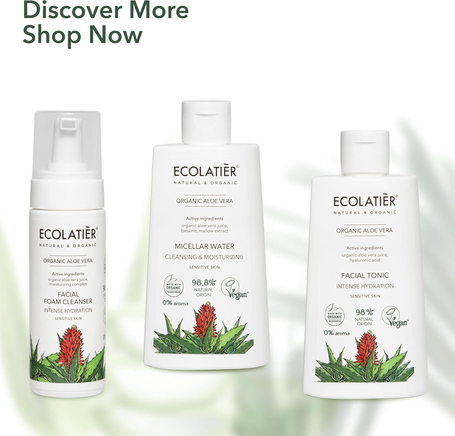 ECOLATIER Organic Aloe Vera facial skincare set with Intense Hydration Facial Tonic, Micellar Water and Facial Foam Cleanser for sensitive, dry and dehydrated skin; vegan natural moisturizing face care products