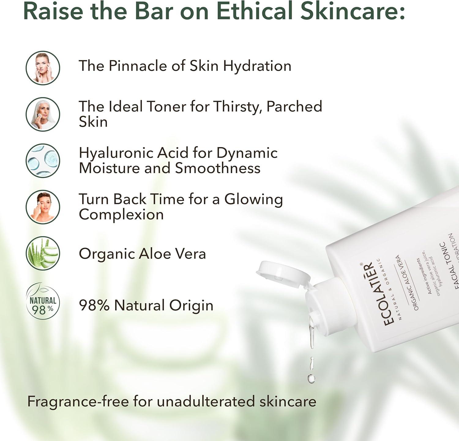 ECOLATIER Organic Aloe Vera Facial Tonic for intense hydration with hyaluronic acid, 98% natural origin, fragrance-free toner for dry, dehydrated skin and a smooth, glowing complexion.