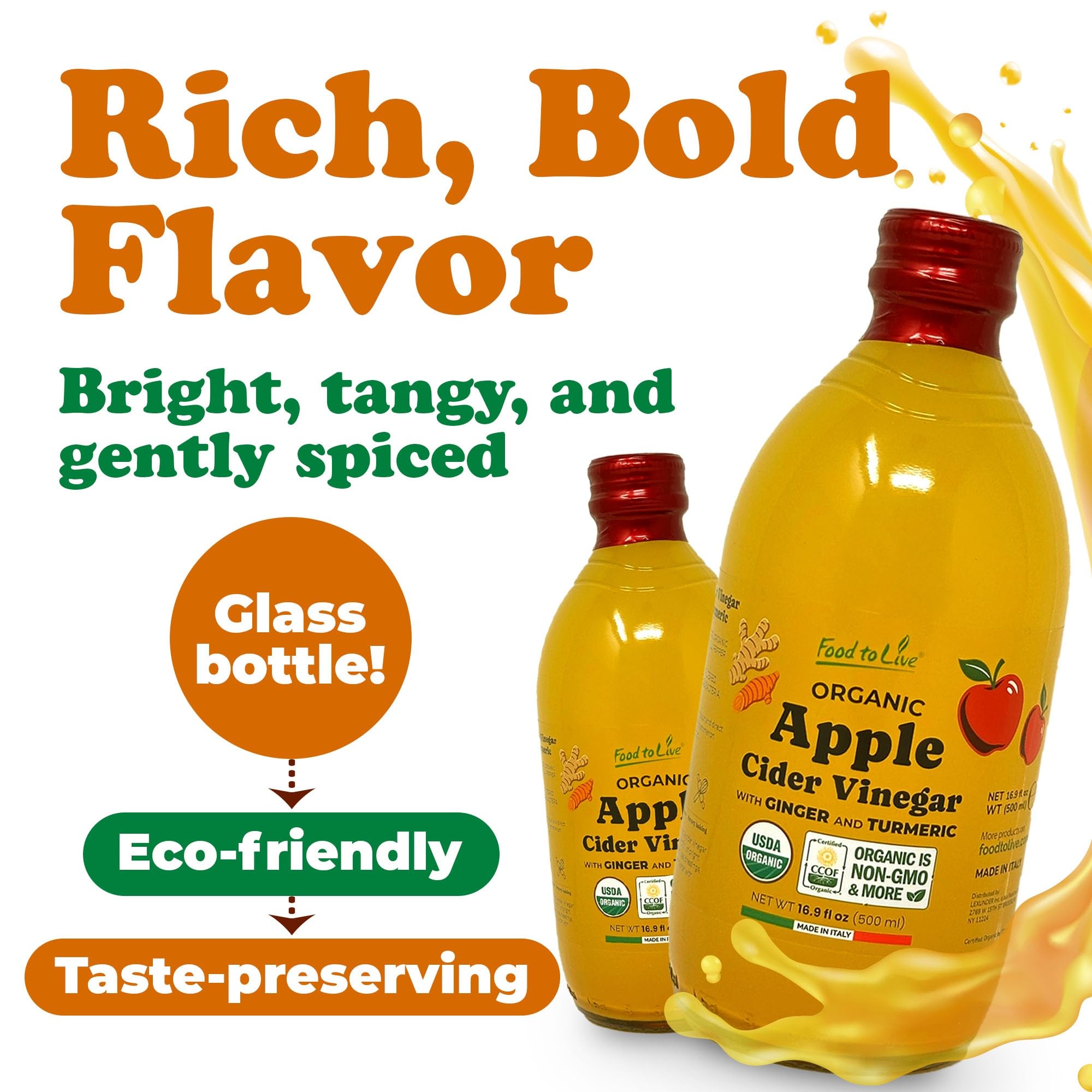 Food To Live Organic Italian Apple Cider Vinegar with Ginger & Turmeric – 500 ml