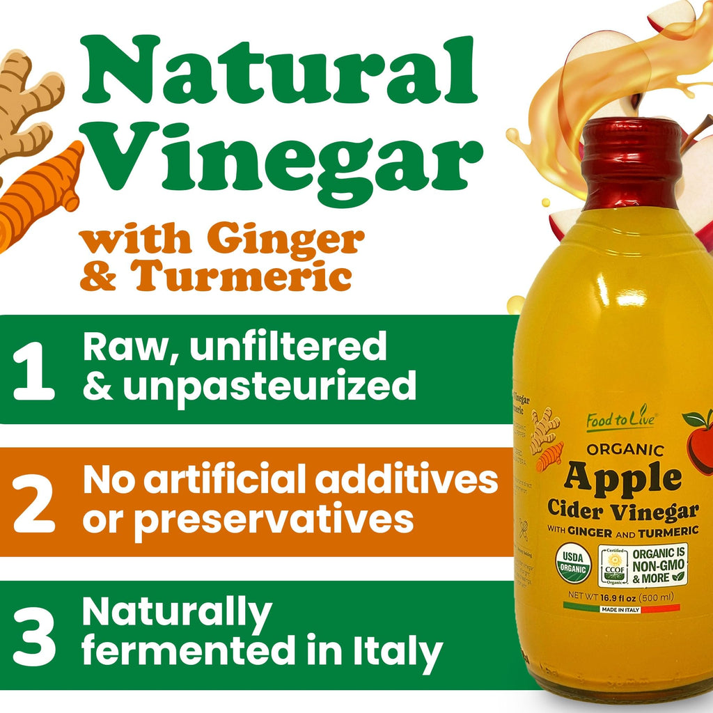 Food To Live Organic Italian Apple Cider Vinegar with Ginger & Turmeric – 500 ml