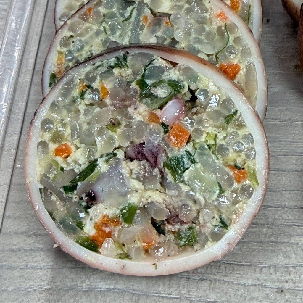 Authentic Korean Style Stuffed Squid (Squid Sundae) sliced to reveal savory glass noodles, tofu, vegetables and tender squid filling, traditional Korean seafood delicacy, frozen stuffed squid, ready to heat and serve, Sokcho style cuisine, gourmet Korean food, 160g 5.64oz