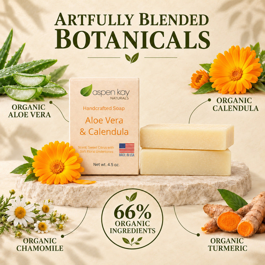 Aspen Kay Naturals Aloe Vera & Calendula handcrafted soap shown in a branded box with two pale bars of soap on a stone slab, surrounded by botanical callouts including organic aloe vera, calendula, chamomile, and turmeric, with the headline 'Artfully Blended Botanicals'.