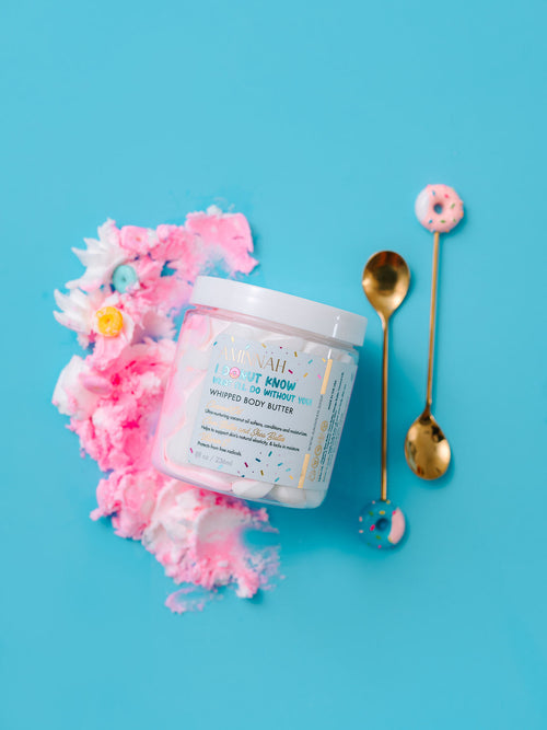 I Donut Know What I'll Do Without You! Whipped Body Butter in a playful donut-inspired display, featuring an 8 oz jar of rich whipped moisturizer made with shea butter, cocoa butter, mango butter, coconut oil, jojoba oil, vitamin E, and fruit extracts to deeply nourish, soften, and hydrate dry skin. Cruelty-free, made with clean ingredients, and perfect for everyday moisture.