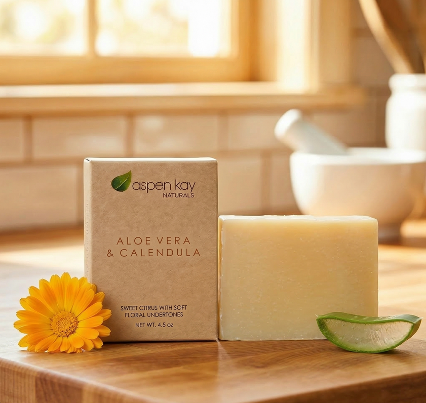 A bar of natural soap stands beside its kraft paper box on a wooden surface, with a yellow flower and a slice of aloe vera nearby. The box reads 'aspen kay NATURALS' and 'ALOE VERA & CALENDULA'.