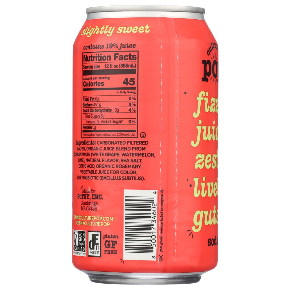 CULTURE POP: Watermelon Lime & Rosemary Probiotic Soda, 12 fo
