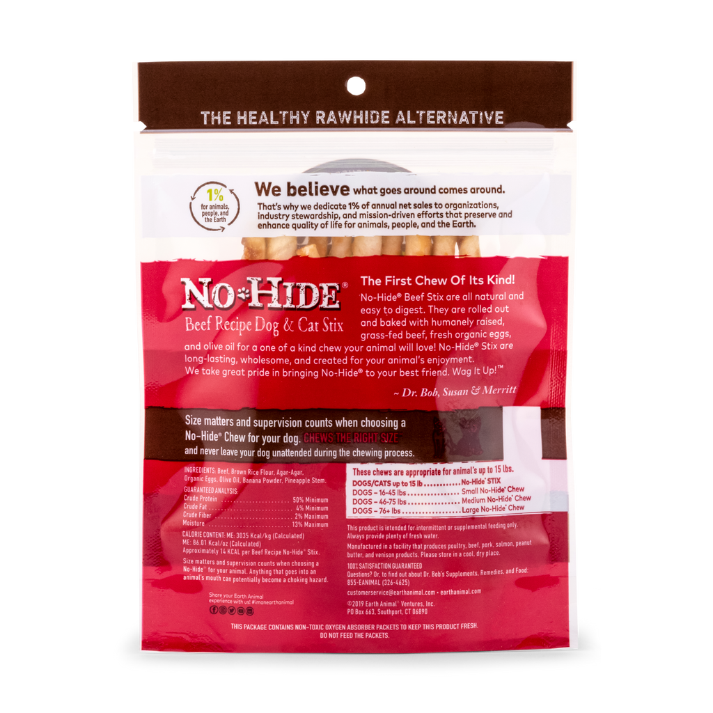 No-Hide beef recipe dog and cat chews packaging on a white background