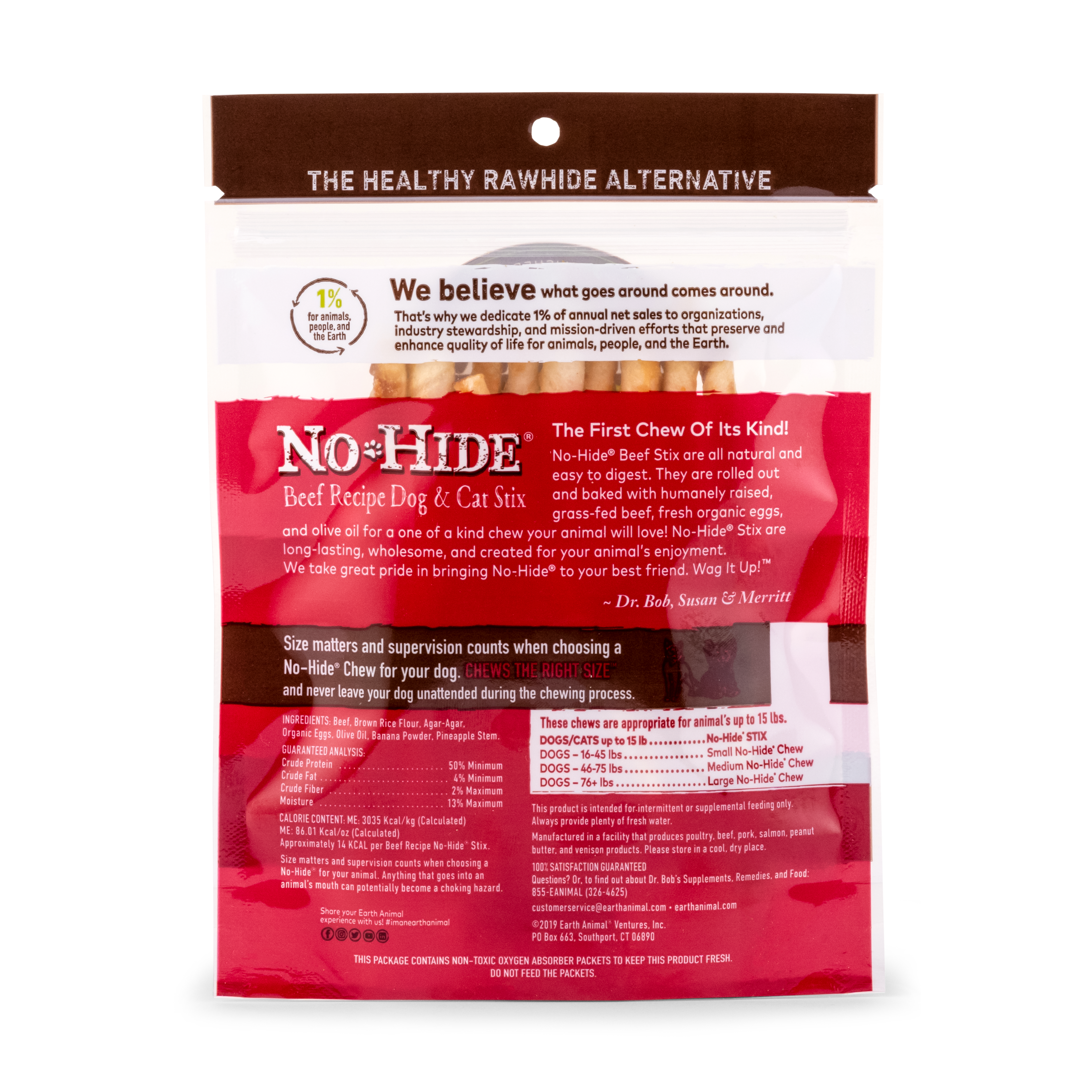 No-Hide beef recipe dog and cat chews packaging on a white background