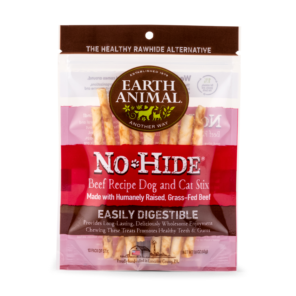 Earth Animal No-Hide Beef Recipe Dog & Cat Stix 10-pack natural rawhide-free chews made with grass-fed beef in resealable bag on white background