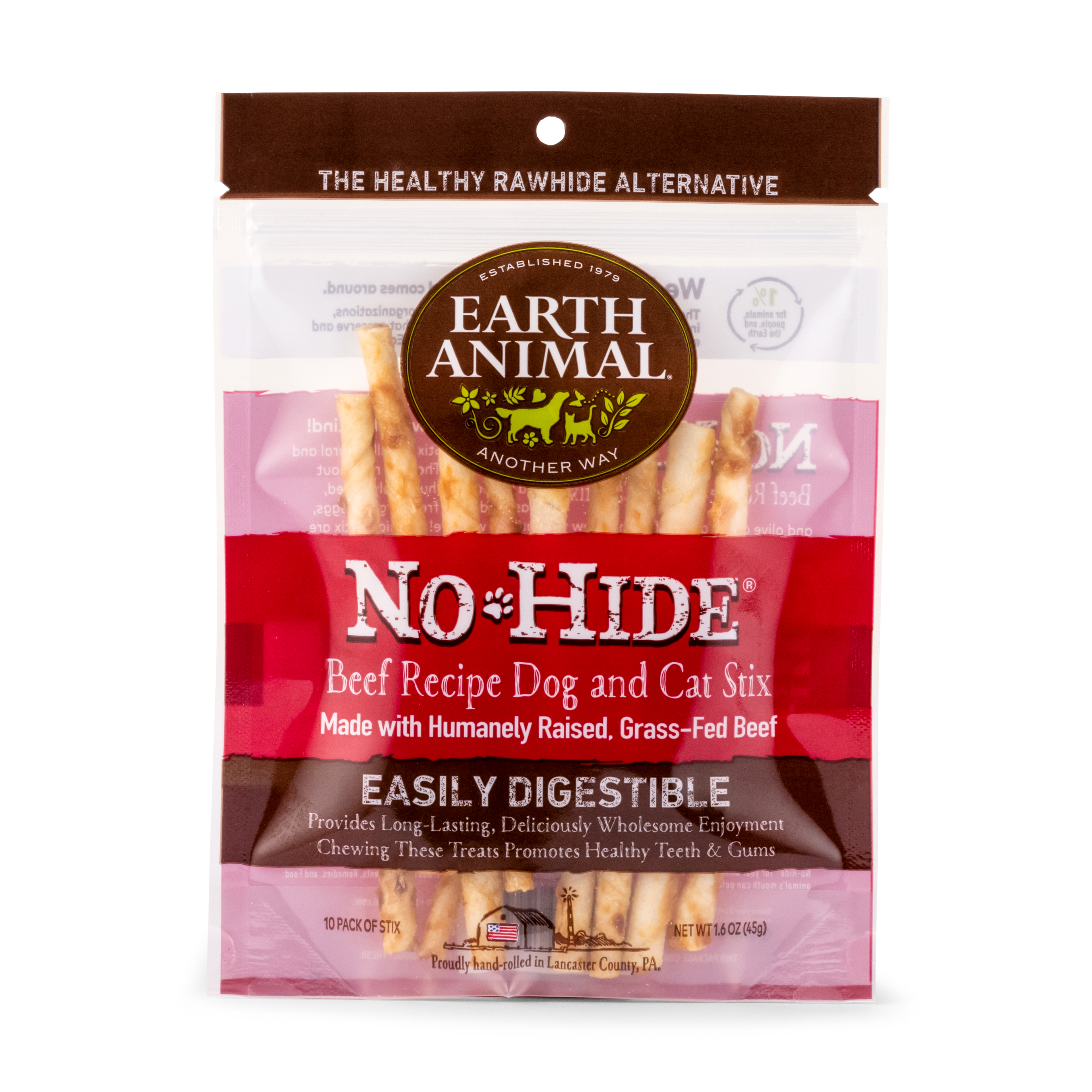 Earth Animal No-Hide Beef Recipe Dog & Cat Stix 10-pack natural rawhide-free chews made with grass-fed beef in resealable bag on white background
