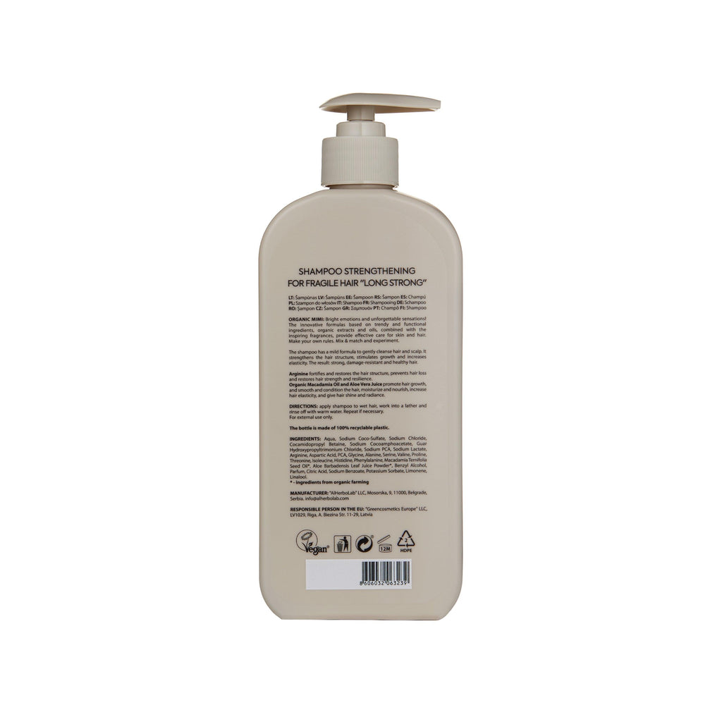 Organic Mimi Strengthening Long Strong Shampoo 400 ml beige pump bottle for fragile, weak and damaged hair, vegan strengthening hair care formula for longer, stronger, healthier-looking hair by Damask Rose.