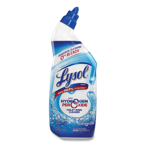 Lysol toilet bowl cleaner bottle with blue and white design on a white background