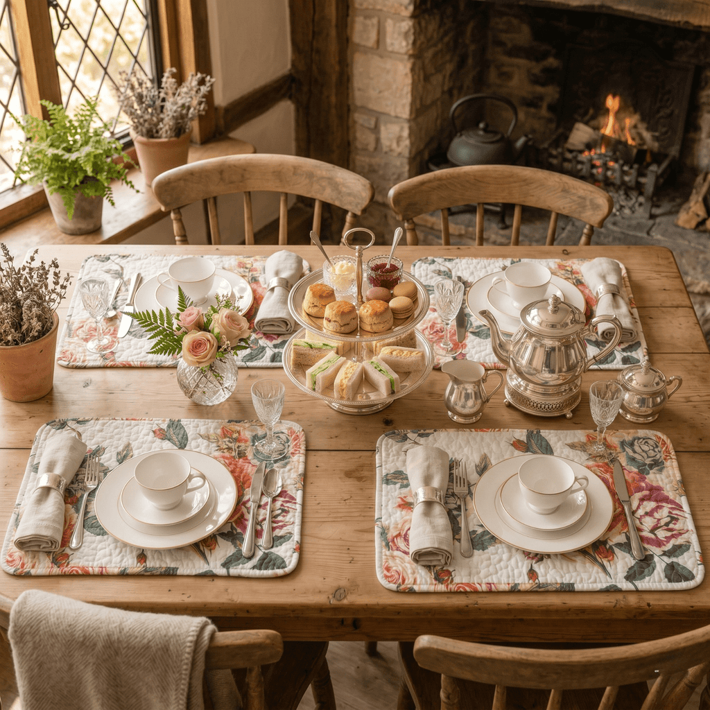 DaDa Bedding Set of 4-Pieces Romantic Roses Pink Floral Quilted Dining Placemats 13” x 19” (879)