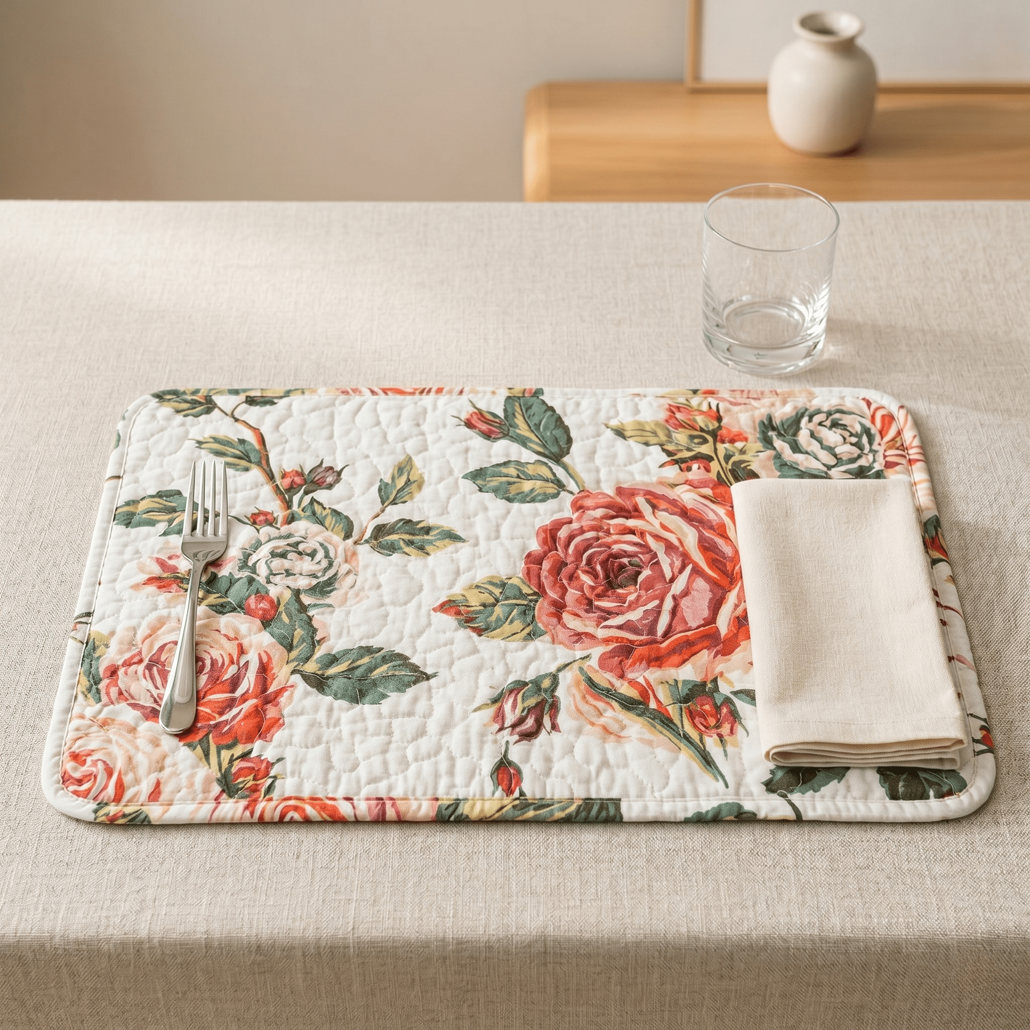 DaDa Bedding Set of 4-Pieces Romantic Roses Pink Floral Quilted Dining Placemats 13” x 19” (879)