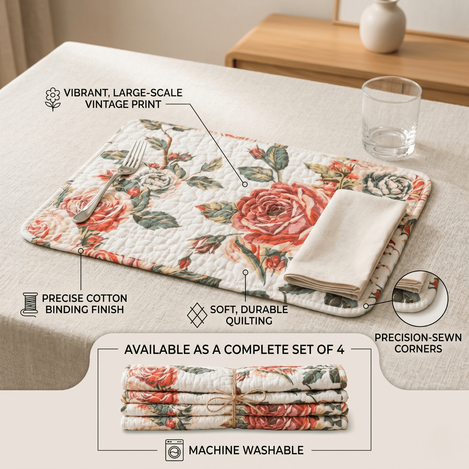 DaDa Bedding Set of 4-Pieces Romantic Roses Pink Floral Quilted Dining Placemats 13” x 19” (879)