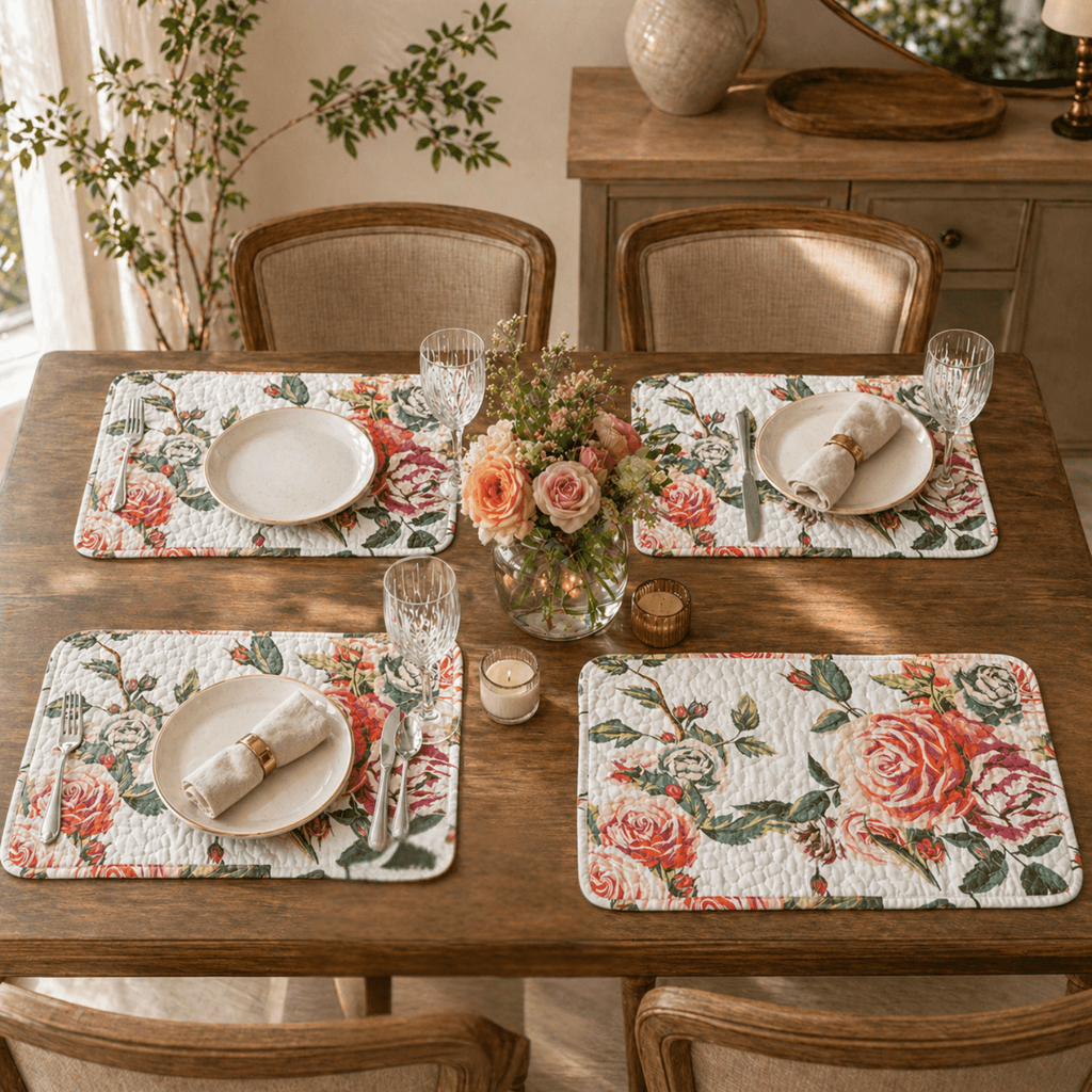 DaDa Bedding Set of 4-Pieces Romantic Roses Pink Floral Quilted Dining Placemats 13” x 19” (879)
