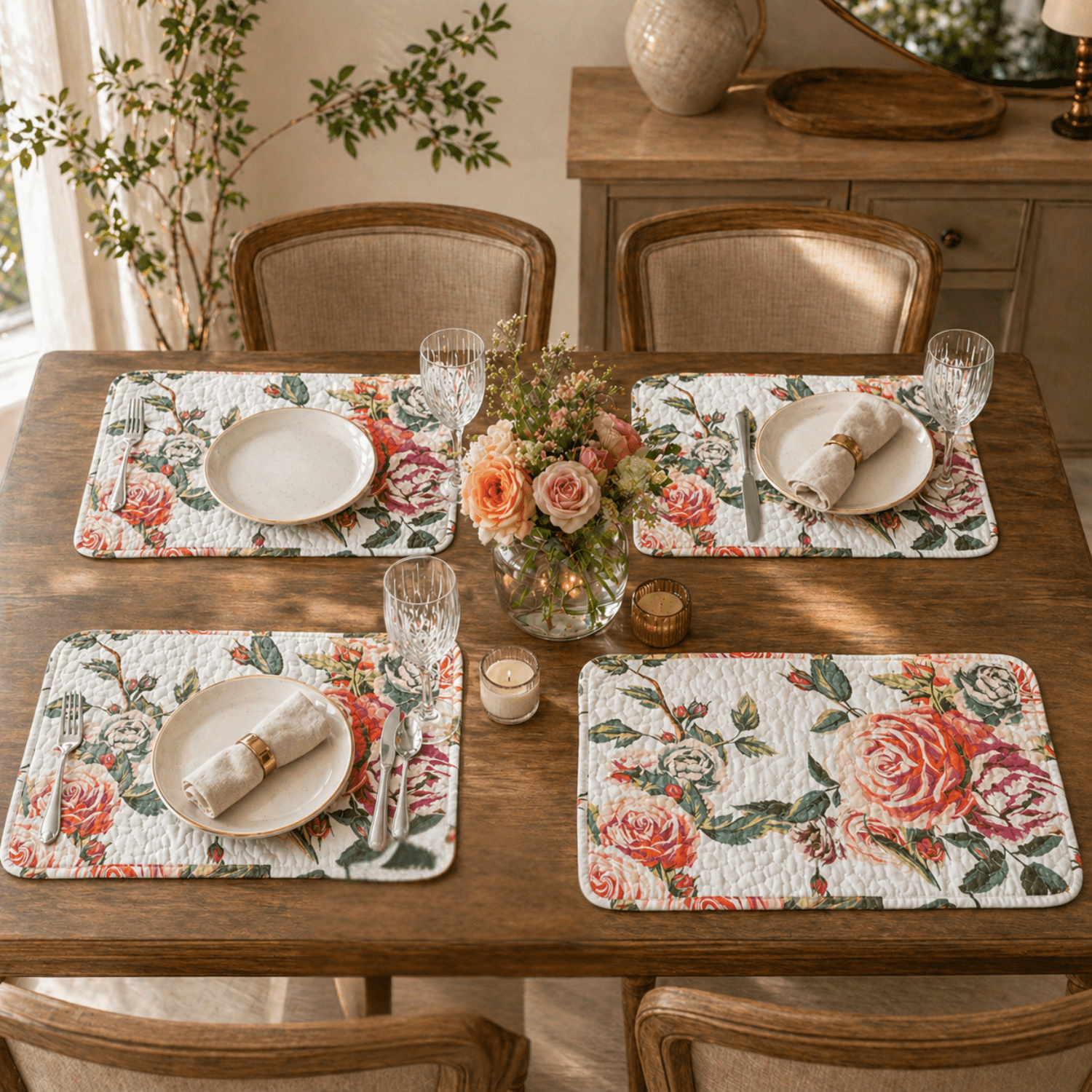 DaDa Bedding Set of 4-Pieces Romantic Roses Pink Floral Quilted Dining Placemats 13” x 19” (879)