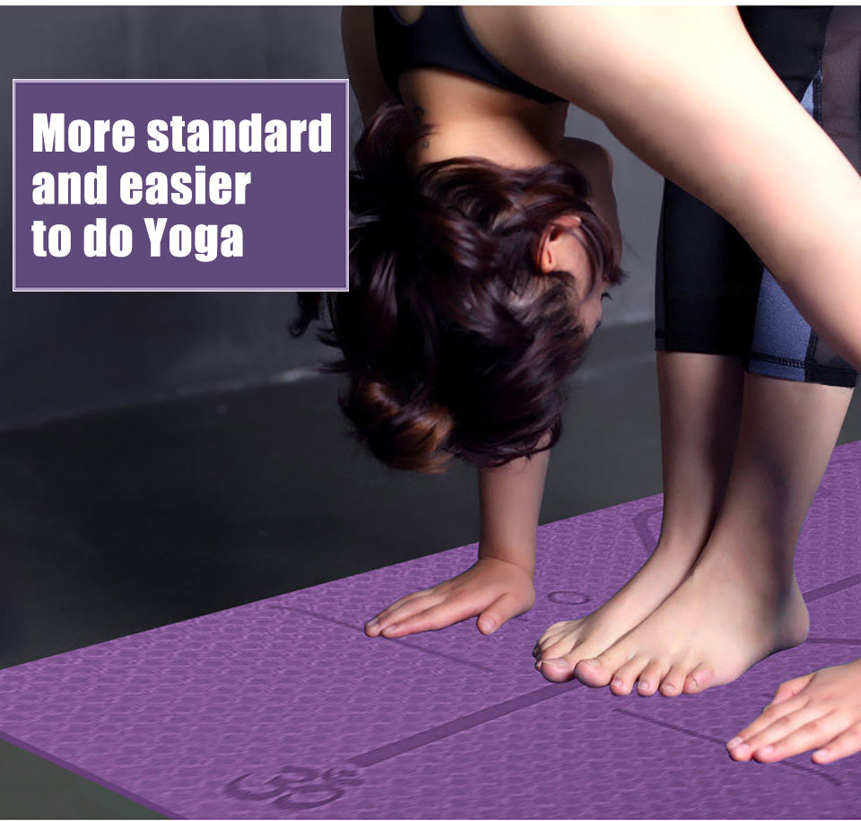 Person doing a yoga pose on a purple mat with text overlay.