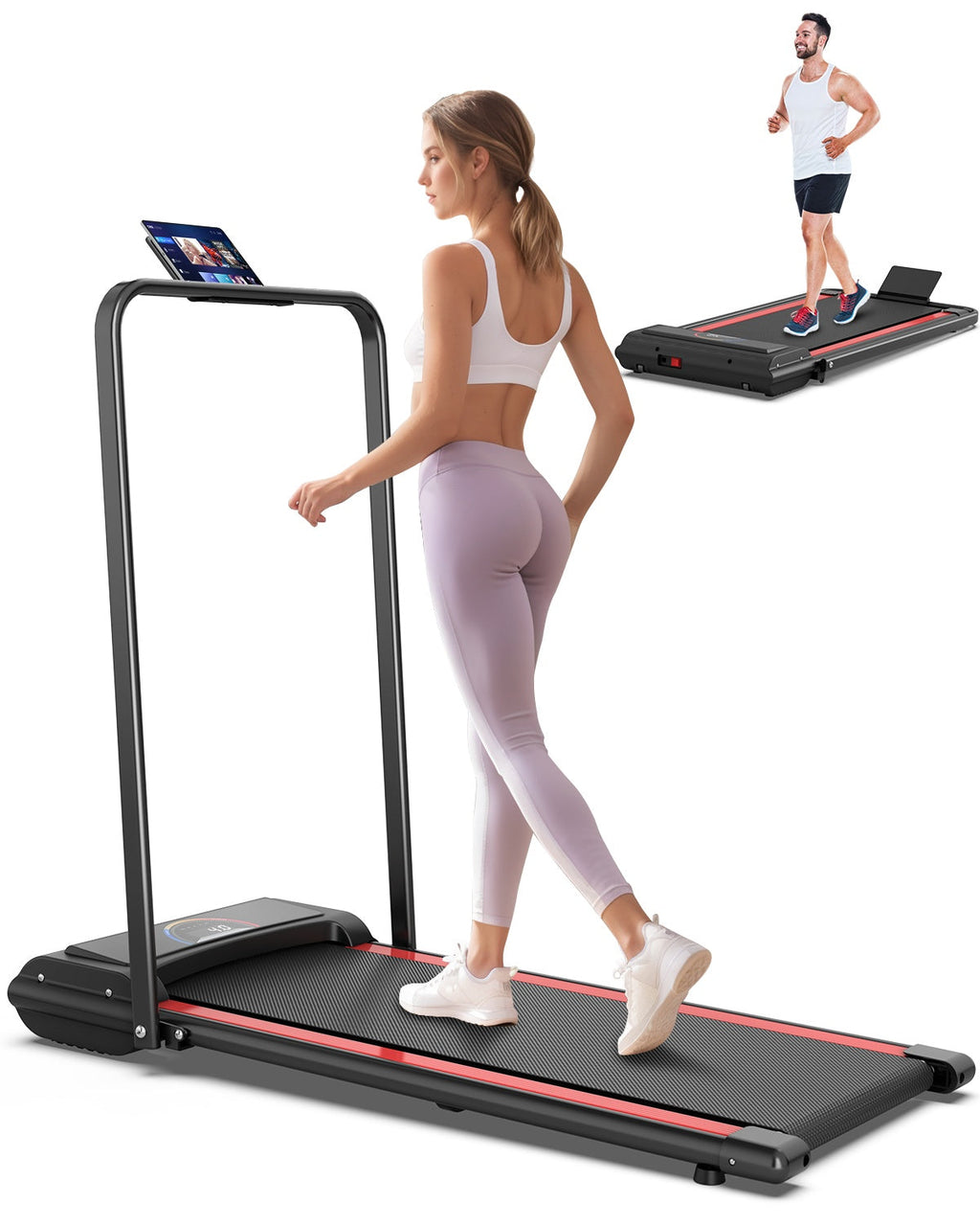 A woman in light purple leggings and a white sports bra walks on a black folding treadmill with a digital display screen. A small inset in the top right shows a man running on the same treadmill.