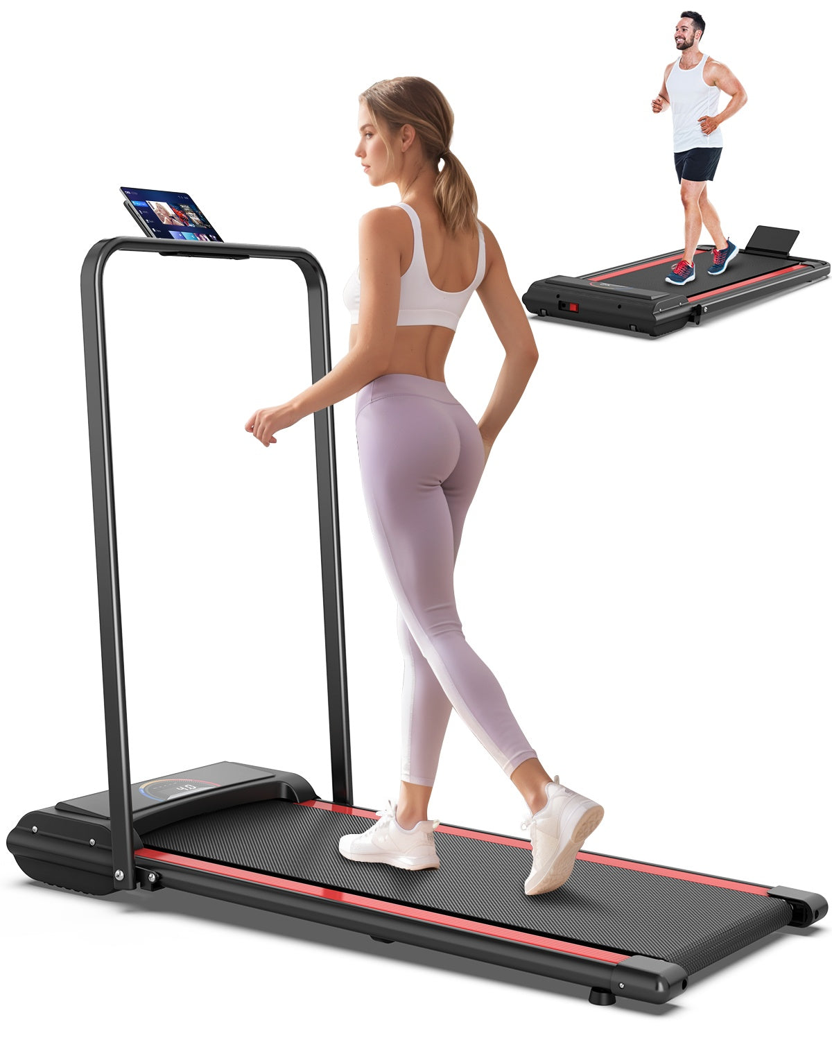 A woman in light purple leggings and a white sports bra walks on a black folding treadmill with a digital display screen. A small inset in the top right shows a man running on the same treadmill.