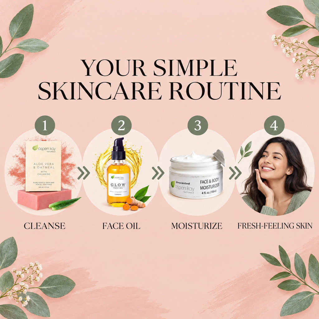 A pink promotional graphic titled 'YOUR SIMPLE SKINCARE ROUTINE' with four numbered steps: cleanse, face oil, moisturize, and fresh-feeling skin. A smiling woman appears in the fourth step, and decorative leaves and flowers frame the design.