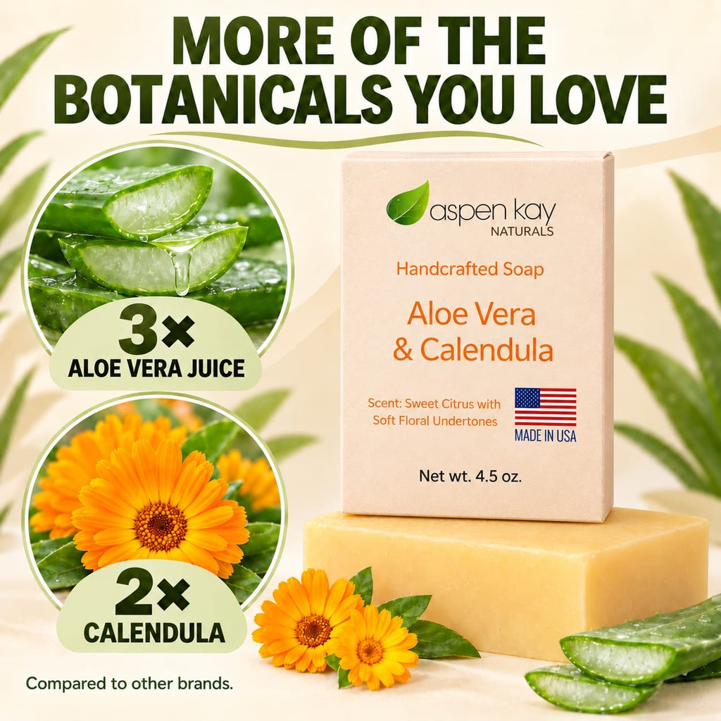 Aspen Kay Naturals Aloe Vera & Calendula handcrafted soap box displayed on a bar of pale yellow soap, surrounded by aloe vera slices, orange calendula flowers, and green leaves. The image includes promotional text highlighting ingredients.