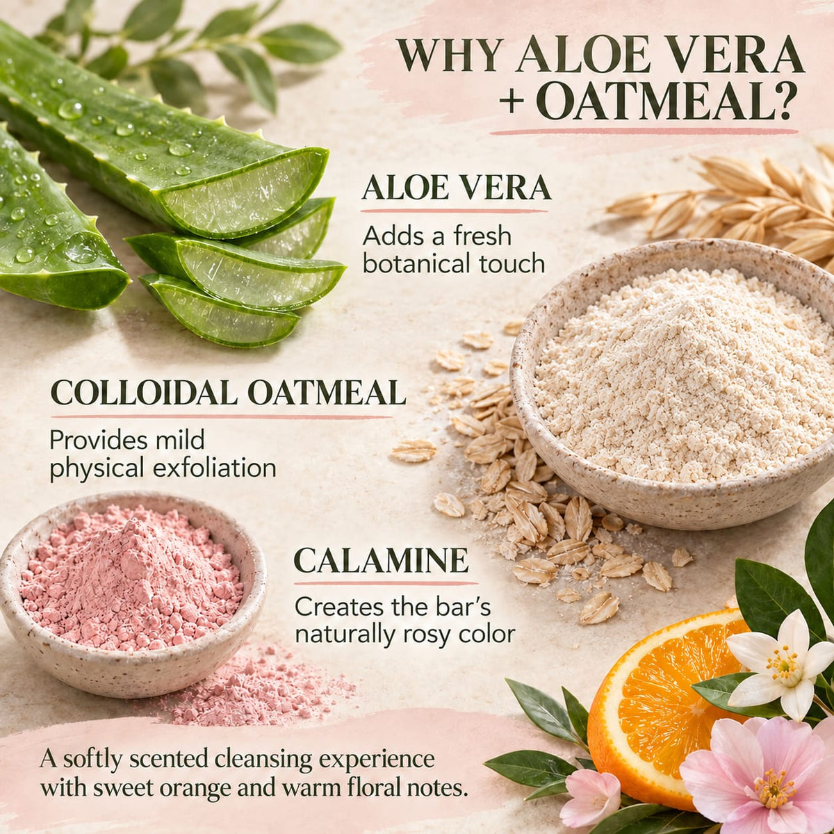 An informational graphic for a cleansing bar, featuring aloe vera leaves, oatmeal, colloidal oatmeal, calamine powder, and orange slices with flowers. Text explains the benefits of aloe vera, colloidal oatmeal, and calamine, and describes a softly scented cleansing experience with sweet orange and warm floral notes.