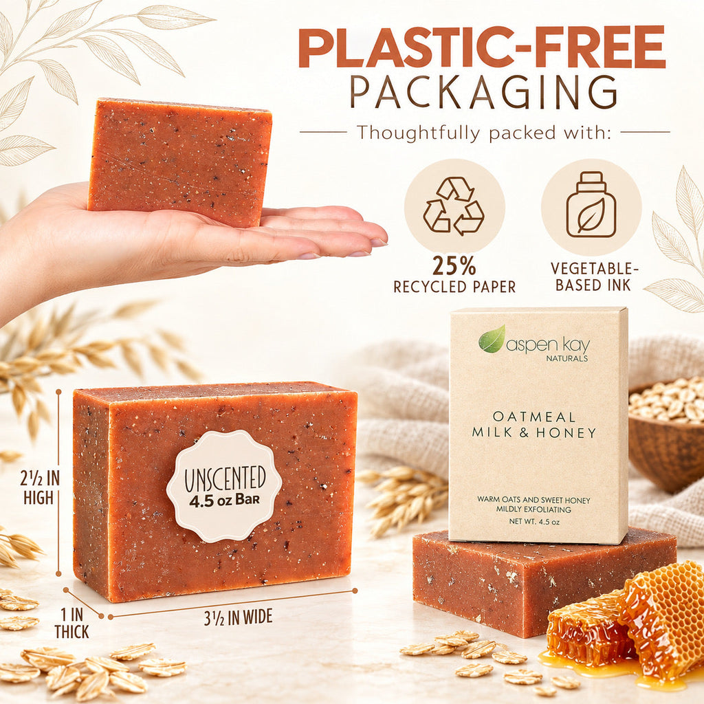 An oatmeal milk and honey soap bar shown in a hand, with its kraft paper packaging box beside it. The image includes text highlighting plastic-free packaging, recycled paper, and vegetable-based ink, along with dimensions of the soap bar.
