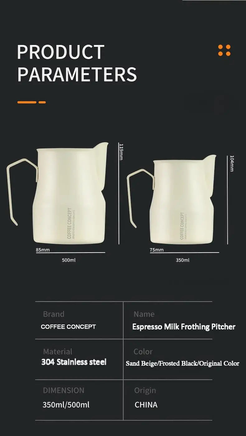COFFEECONCEPT espresso milk frothing pitcher in 350ml and 500ml sizes, 304 stainless steel bell-shaped steaming jug with sharp spout for latte art, cappuccino, coffee and barista use.