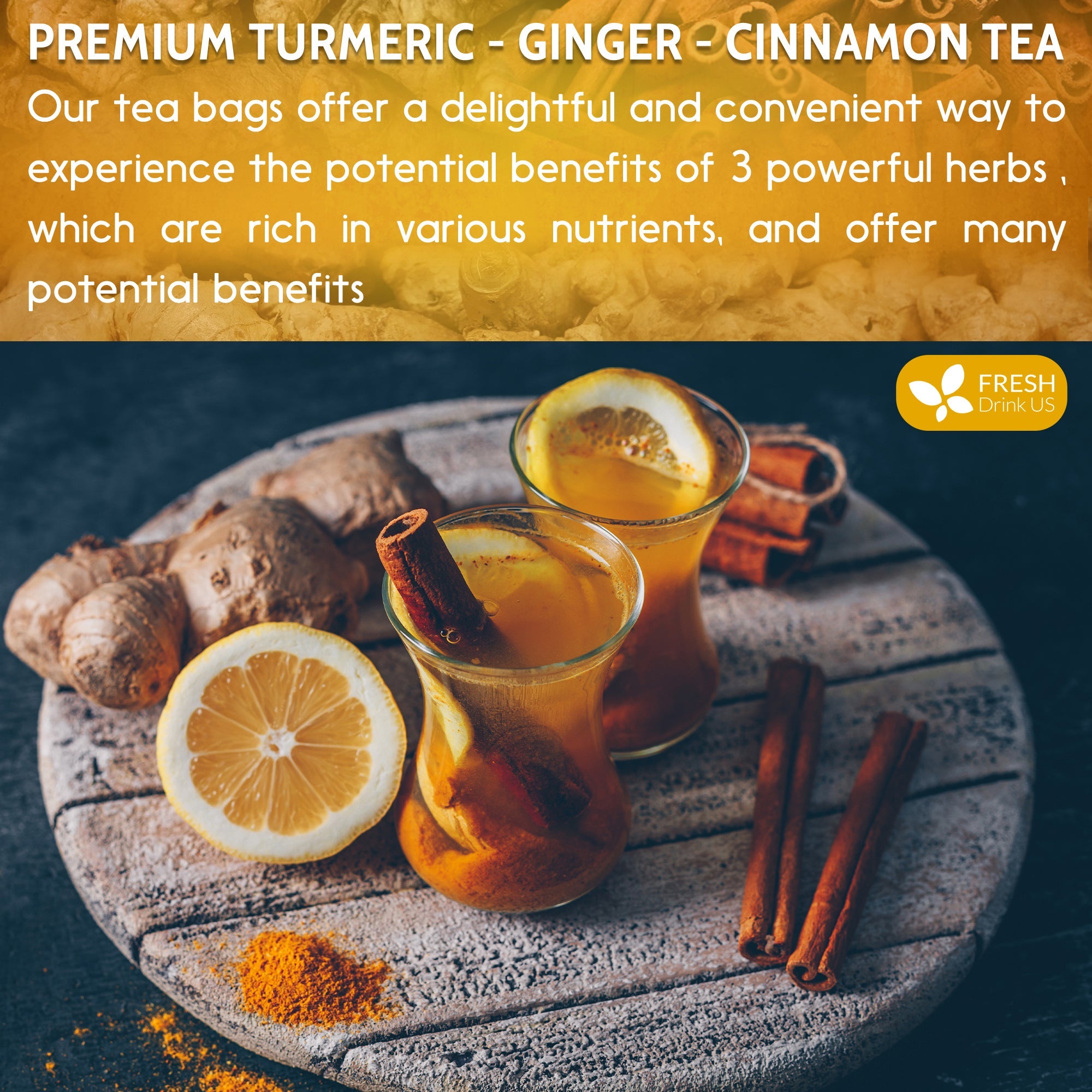 Turmeric, Ginger, Cinnamon Tea, Tea Bags, 100% Natural, Hand-made Blend of Turmeric, Ginger, and Cinnamon. Eco-conscious Tea Bags. Turmeric Ginger Herbal Tea. No Sugar, No Caffeine, No Gluten, Vegan