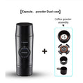 Portable mini rechargeable espresso maker with dual-use coffee capsule and ground coffee powder assembly, compact black handheld travel coffee machine with removable brewing accessories for home, office, camping, road trips and fresh espresso on the go.