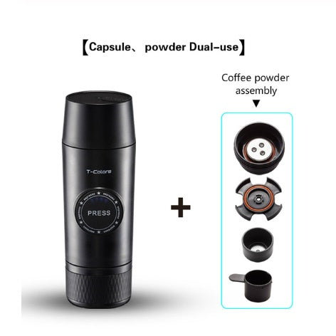 Portable mini rechargeable espresso maker with dual-use coffee capsule and ground coffee powder assembly, compact black handheld travel coffee machine with removable brewing accessories for home, office, camping, road trips and fresh espresso on the go.
