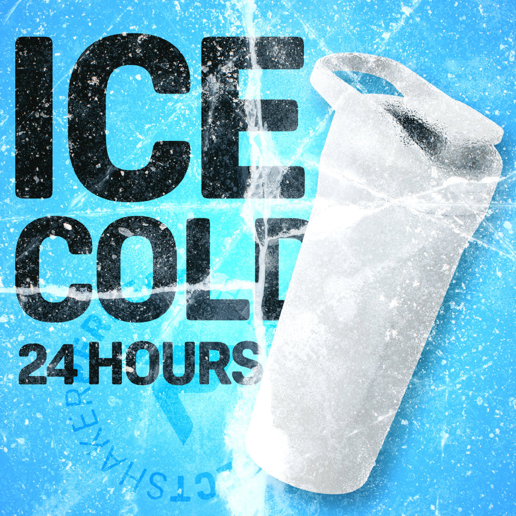 A frosted clear plastic shaker bottle shown on a bright icy blue background with large black text reading 'ICE COLD 24 HOURS' and a faint 'COLD SHAKERS' watermark.
