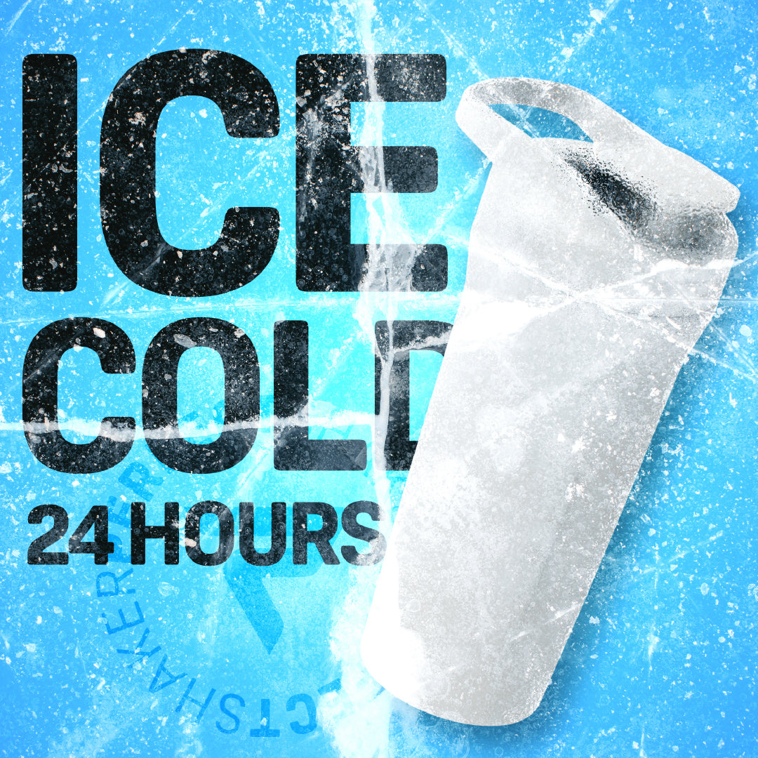 A frosted clear plastic shaker bottle shown on a bright icy blue background with large black text reading 'ICE COLD 24 HOURS' and a faint 'COLD SHAKERS' watermark.