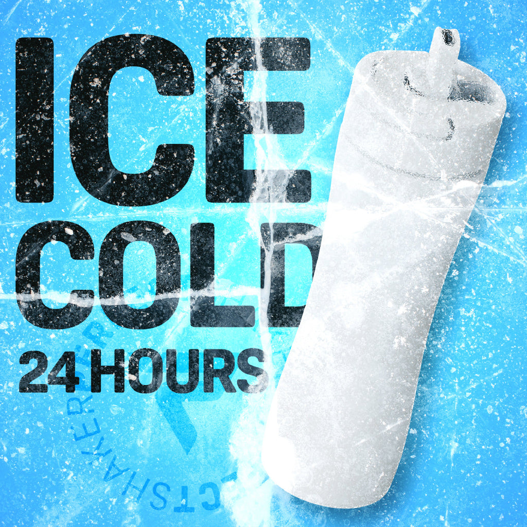 A white insulated tumbler with a straw, shown on a bright icy blue background with large black text reading 'ICE COLD 24 HOURS' and a cracked-ice graphic effect.