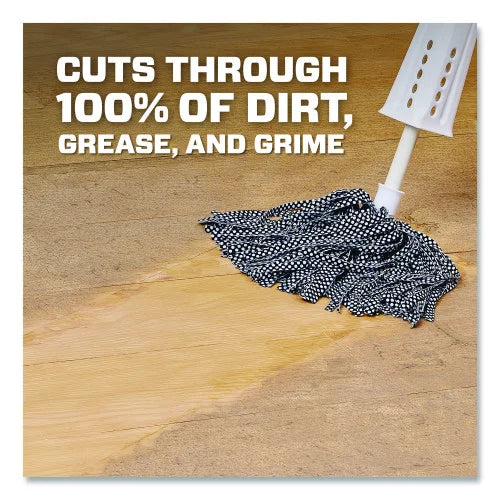 Mop with a black and white pattern on a wooden floor with text about cleaning power.