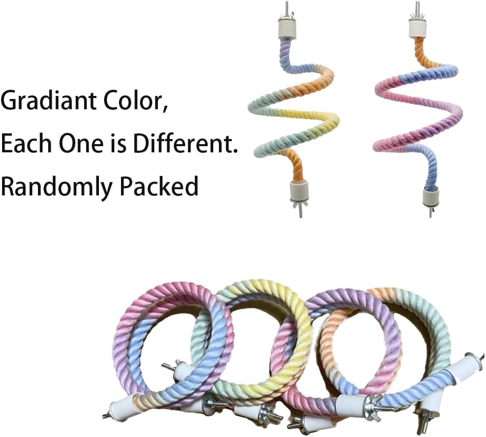 Flexible gradient rainbow bird rope perch displayed in spiral and coiled shapes, showing assorted randomly packed color combinations with secure metal end caps. Bendable climbing, perching, and exercise toy for parrots, parakeets, cockatiels, budgies, conures, lovebirds, finches, canaries, sugar gliders, and other small pets. White background with text indicating each gradient color pattern is unique and randomly packed.