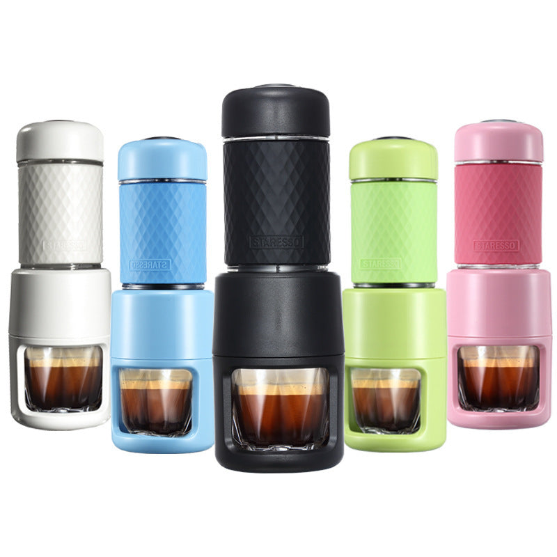 Set of five colorful portable manual espresso coffee makers in white, blue, black, green and pink with compact travel design, reusable glass cups and pressure brewing system for rich espresso at home, office, camping or travel.
