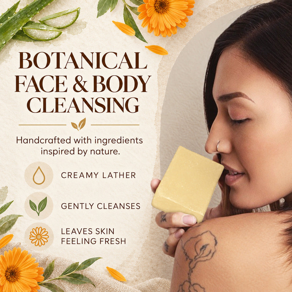 A woman holds a rectangular bar of pale yellow cleansing soap near her face on a warm beige background with botanical illustrations and text reading 'Botanical Face & Body Cleansing.'.